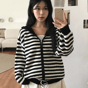 Wangbokdak Meldon Stripe Knitwear Hooded Zip-up