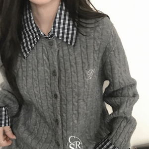 도드 체크 롤업 꽈배기 가디건