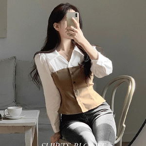 보니 배색 셔츠 블라우스