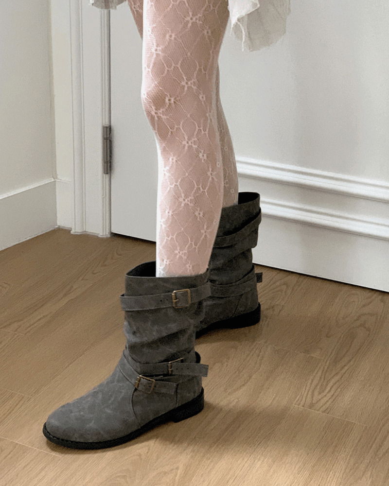 グラソンスエードプリーツレザーベルトブーツ