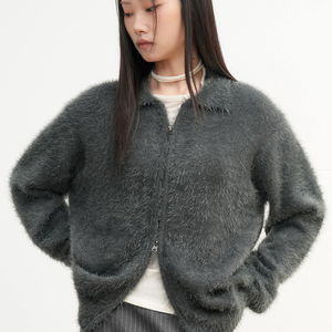 UNISEX Hairy Zip-Up Collar Cardigan