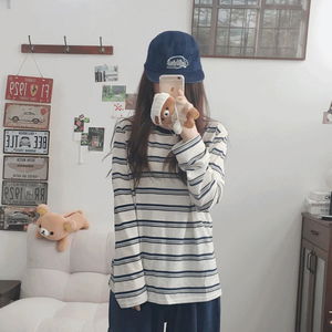 Binder Loose-fit Striped single-breasted long-sleeved T-shirt in 3 colors