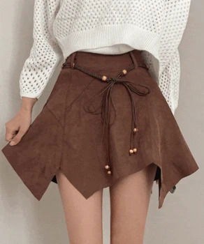 탄야 빈티지 보헤미안 벨트 스웨이드 언발 미니 스커트