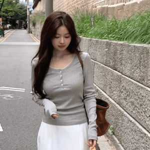 (모델소장) 포멧 레이스 버튼 골지 롱슬리브 긴팔 티셔츠 (2color)