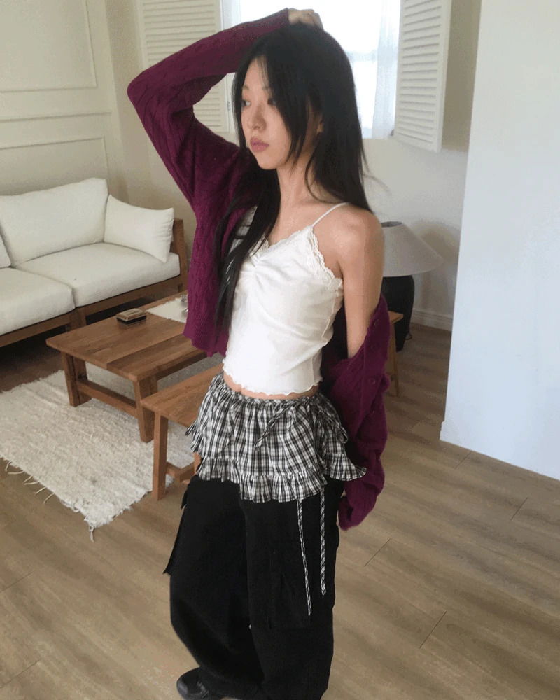 이썬 체크 레이어드 미니 랩 스커트