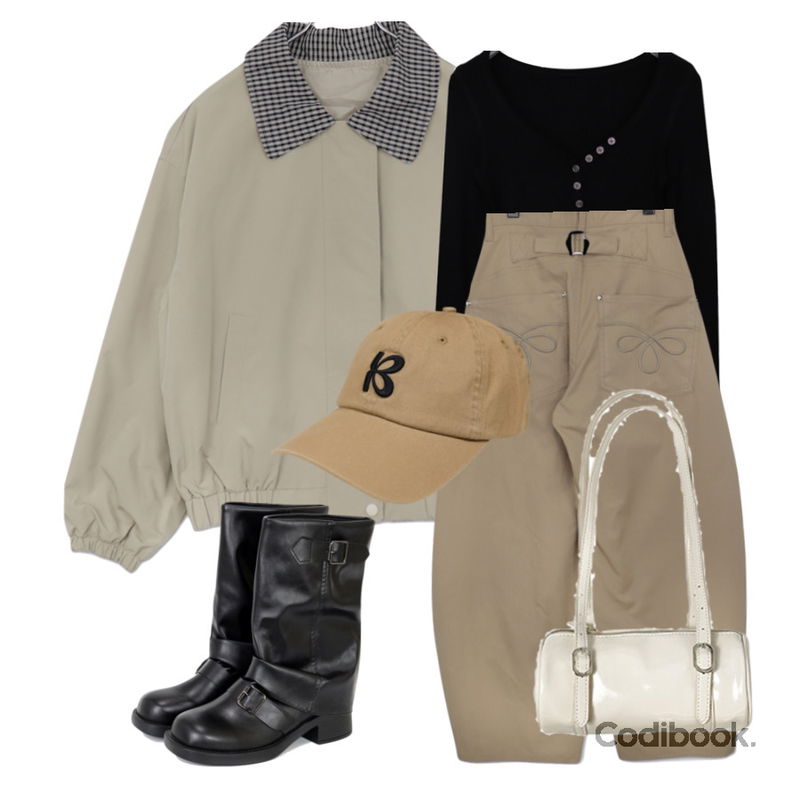 anyonemore 제슨 에나멜 라운드 숄더백 (2color),BEIDELLI 필리 로고 볼캡,wonderwonder 푸징 배색 체크 패턴 카라 코튼 긴팔 자켓등을 매치한 코디