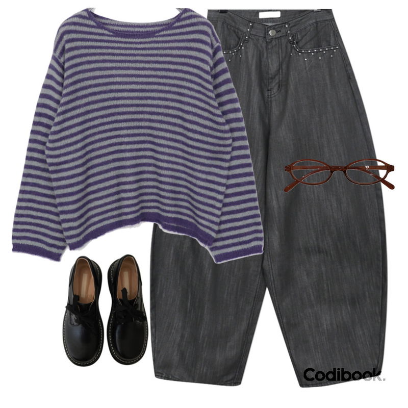 AAKE MINI OVAL GLASSES (4color),AAKE BOLD STITCH LOAFER (3color),wonderwonder 겐지 스터드 포켓 벌룬핏 데님 롱 팬츠등을 매치한 코디