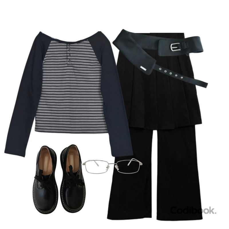 AAKE BOLD STITCH LOAFER (3color),DAILYJOU 슈가붐 레트로 메탈 안경,EEZEE Striped Raglan T-Shirt TS048등을 매치한 코디