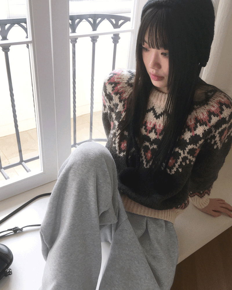 Candle Heart Nordic Color Pattern Round Long Sleeve Knitwear