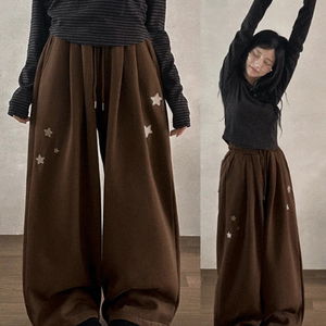 더블 스타 자수 기모 핀턱 밴딩 와이드 벌룬 롱팬츠