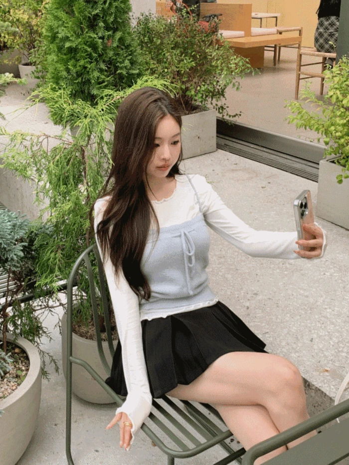 波浪紋羊毛混紡分層長袖T恤