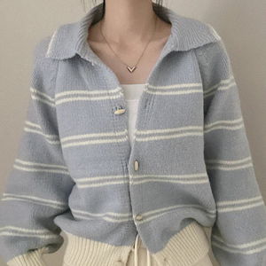 마카로니 단가라 벌룬 배색 카라 니트 가디건 4color