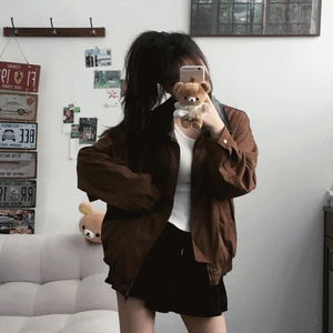 寬鬆拼色領麂皮絨面革夾克