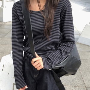 Nuko Square Neck Round Neck Striped Striped Long Sleeve T-Shirt (4 Colors)