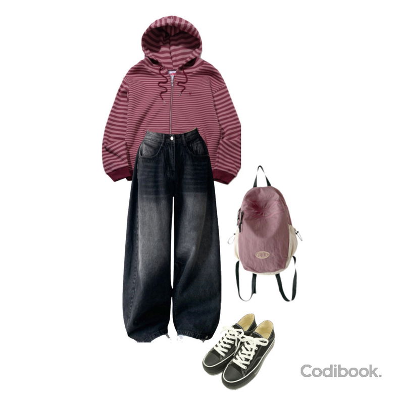 designershoes 캔버스 플랫폼 뮬 스니커즈 블랙화이트,ondeed 필오 데일리 배색 나일론 메쉬 스트링 백팩,JASMINBELL 로코 빈티지 워싱 롱와이드 사이드 핀턱 밑단 스냅버튼 팬츠등을 매치한 코디