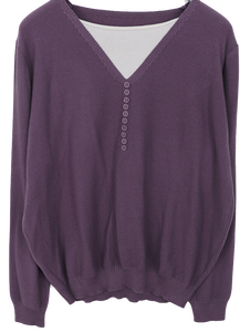 에르 버튼 레이어드 브이넥 긴팔 롱 니트