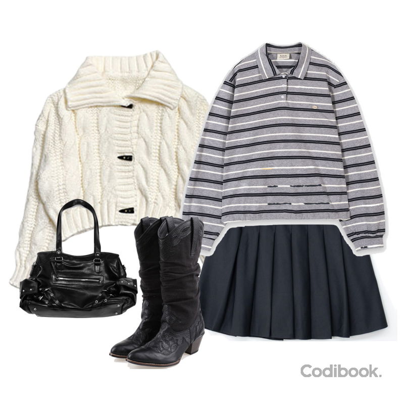 anyonemore 라떼 떡볶이 카라 니트 가디건 (4color),COLOR iN ID 린넨 레더 웨스턴부츠,wonderwonder 트미 스터드 아일렛 지퍼 가죽 숄더백등을 매치한 코디