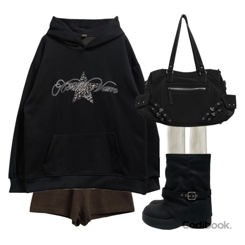 ondeed 렛퍼 골지 롱 삭스 양말 레그 워머,noirmute 레오핌 스타 패치 레터링 후드티 STAR PATCH LETTERING HOODIE,noirmute 히누덴 베이직 니트 밴딩 숏 팬츠 BASIC KNIT BANDED SHORTS등을 매치한 코디