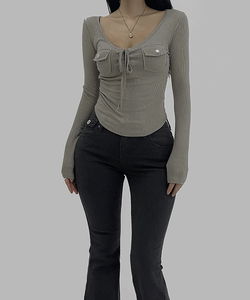 Pocket Corset Rolled V-Neck Neck Slim Ribbed Long Sleeve Crop Top