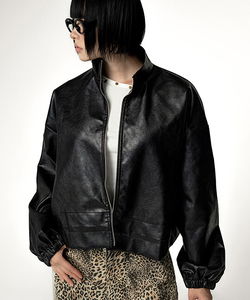 HIGH NECK STRING SHORT LEATHER JACKET