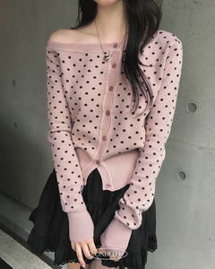 Russian Dot One Off-Shoulder Long-Sleeve Cardigan