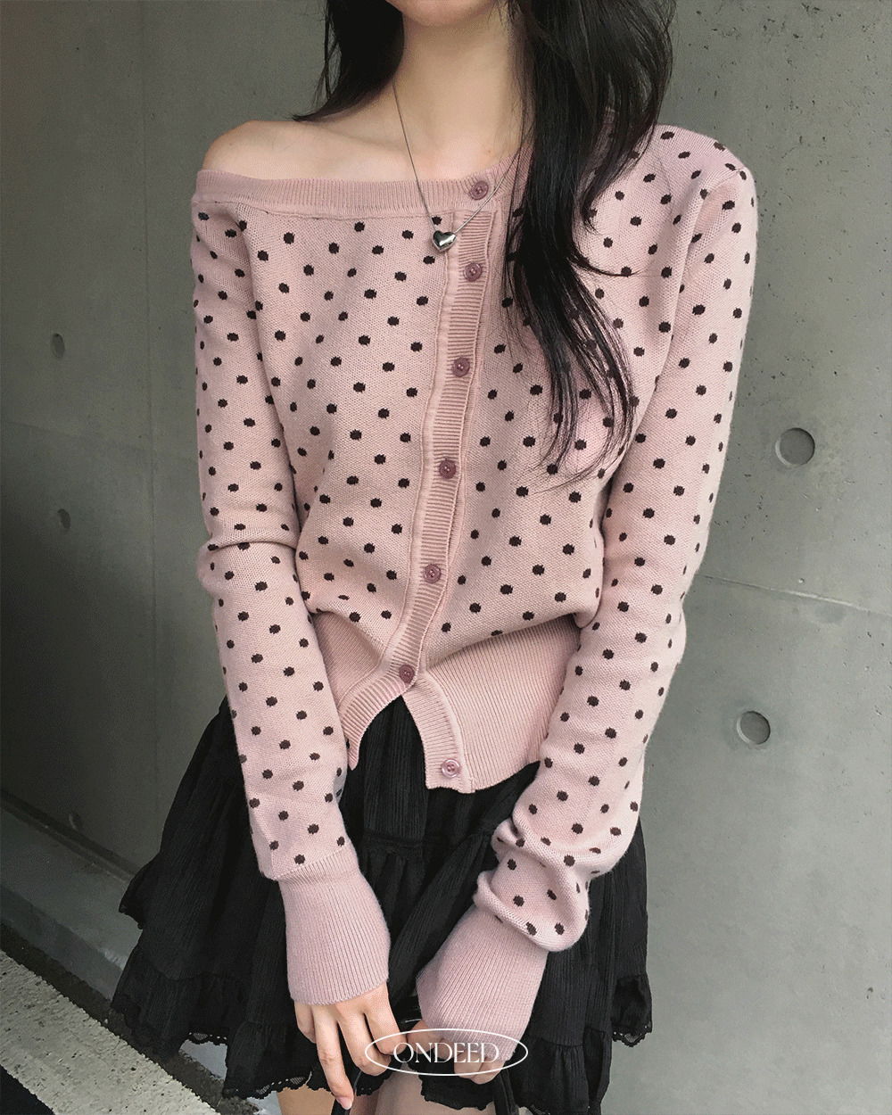 Russian Dot One Off-Shoulder Long-Sleeve Cardigan