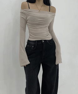 티브 소프트 셔링 오프숄더 긴팔 티셔츠 탑(블랙,화이트,베이지)