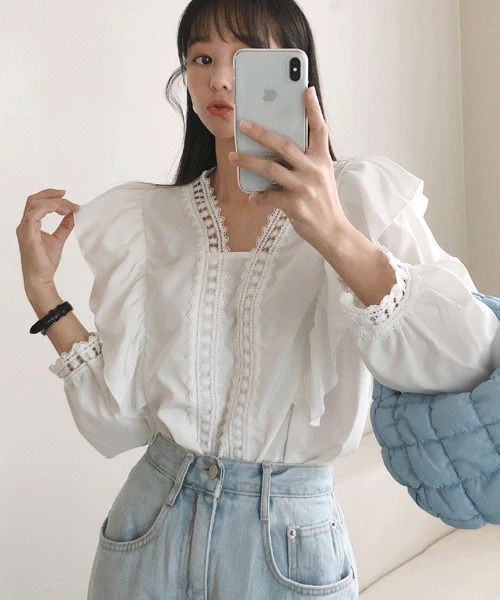 Argentine V V-Neck lace puffed shoulder frill blouse 雪紡襯衫