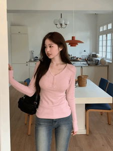 Winter Wool Heart Neck Button Knitwear Long Ribbed T-Shirt (6 Colors)