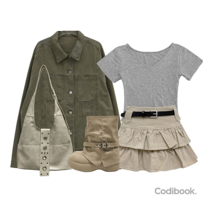 MAENIQUE 라일스 루즈핏 코튼 트러커 자켓,Cozy&Kitsch (벨트세트) 록스타 러플 스커트,MANDARINE TREE 쿠치니 펀칭 가죽 숄더백 크로스백 2 color (아이패드가방/대학생가방)등을 매치한 코디
