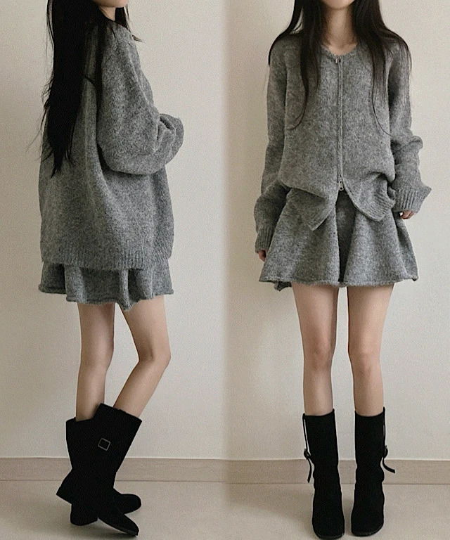 寬鬆兩穿針織外套 + 傘型針織短裙兩件式套裝