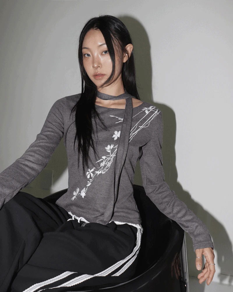 Fringe Flower Print Round Long Sleeve T-Shirt 长袖上衣