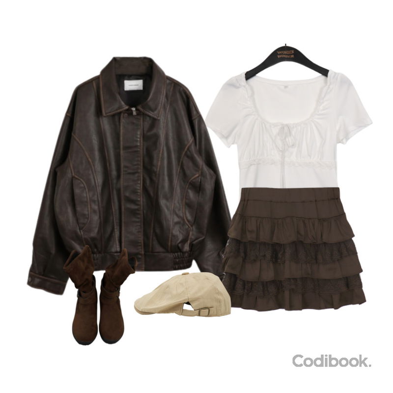 wonderwonder 세터 빈티지 워싱 절개 박시 레더 자켓,wonderwonder 리빌 빈티지 벨트 셔링 스웨이드 3cm 미들 부츠,wonderwonder 쿠로 빈티지 셔링 레이스 반팔 티셔츠등을 매치한 코디