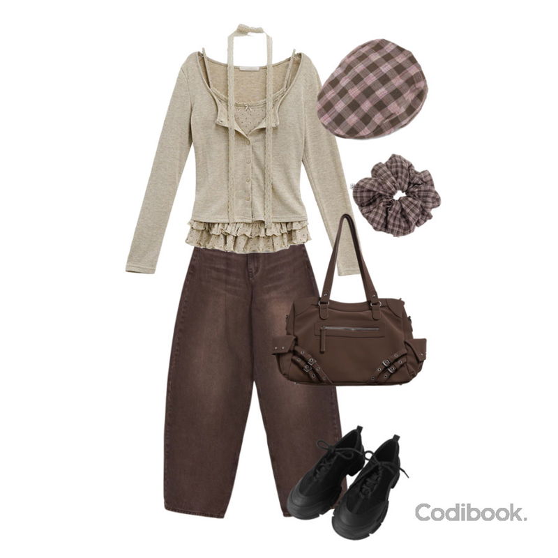 kim9hope 배색 플랫폼 스니커즈,DAILYJOU 다유티 멀티 체크 헌팅캡,moaround 피엔트 체크 빅 스크런치 -2color등을 매치한 코디