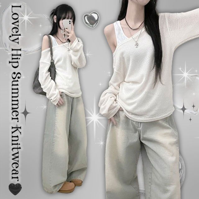 Over Shoulder Round Knitwear Long Sleeve T-Shirt