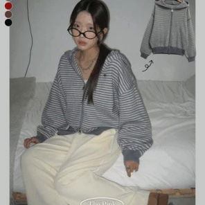 條紋針織連帽拉鍊外套