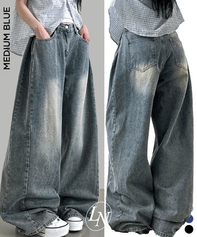 Simba Vintage Faded Side Pin Tuck Wide Denim Pants