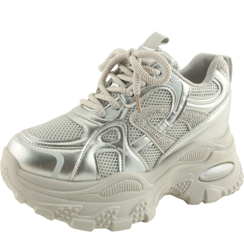 Mesh Cubic Studded High-Heel Sneakers 9cm Silver 球鞋与布鞋