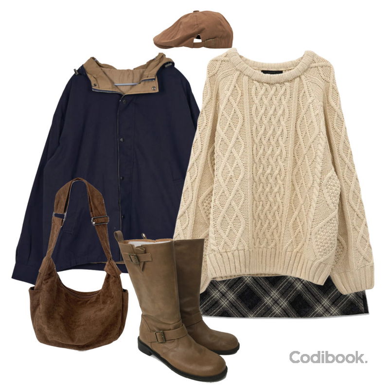 moaround 헤딘트 체크 미니 스커트 -2color,DUGGY 라운드토 버클 레더 부츠 (1color),noirmute 유지그 빈티지 코튼 헌팅캡 VINTAGE COTTON HUNTING CAP등을 매치한 코디