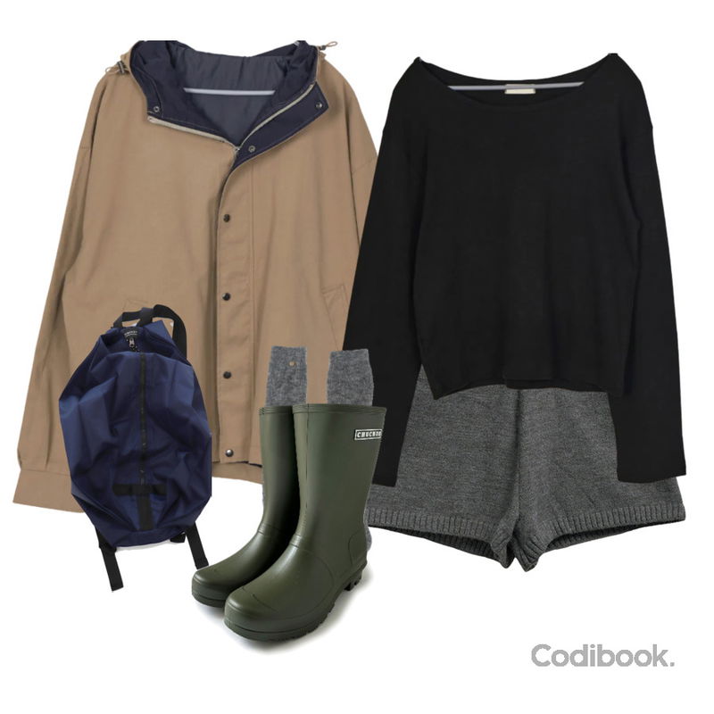 kim9hope 버디 미들 레인 부츠,wonderwonder 유링 폴딩 주름 나일론 백팩,EEZEE Color Block Hood Oversized Work Jacket ZI009등을 매치한 코디