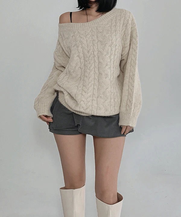Loose Overfit Boxy Winter One-Shoulder Twisted Wool Knitwear  針織衫