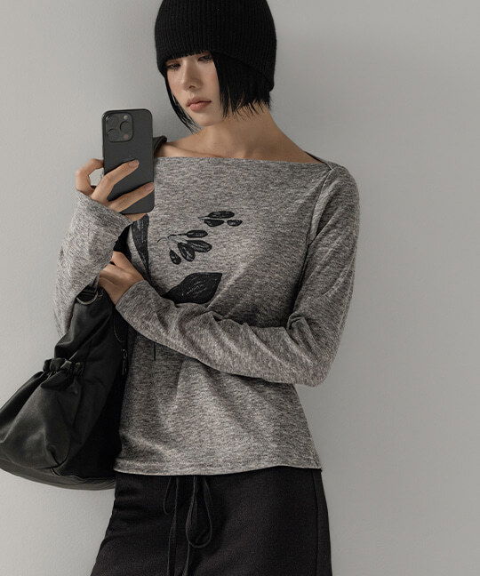 Flower Print Boatneck Slim Long Sleeve Tee 长袖上衣