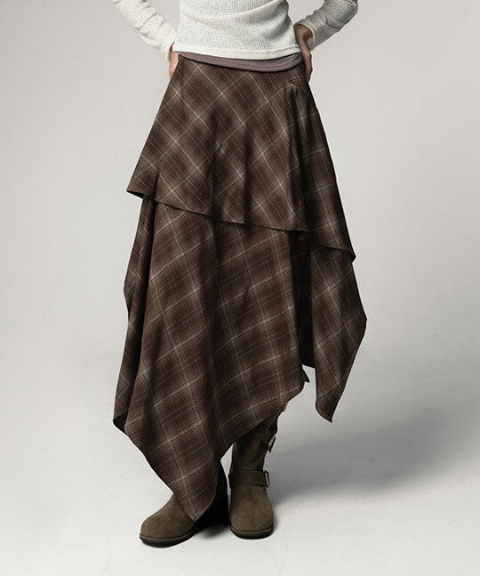 언체프 체크 언발 롱 스커트 Check Asymmetrical Long Skirt