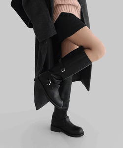 Aika shirring two-buckle long boots