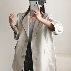 마나마 어깨패드 심플 오버핏 트임 가죽 레더자켓