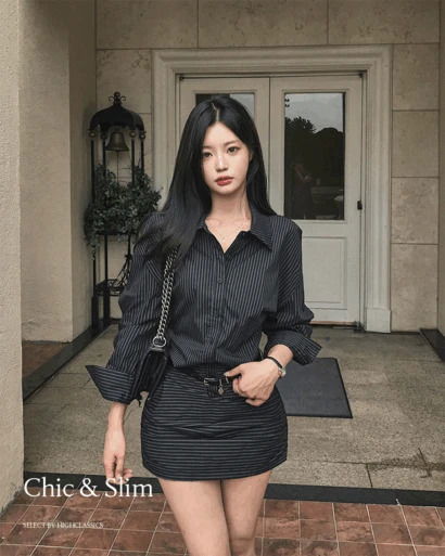 시크앤슬림 스트라이프 카라넥 버튼 벨트세트 핀턱 셔링 주름 긴팔 셔츠 미니 원피스