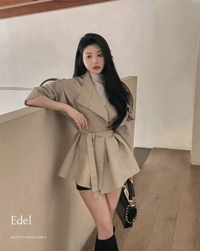 에델 하이넥 카라넥 버튼 포켓 루즈 아방핏 안감 벨트고리 허리스트랩 소프트 레더 간절기 하프 자켓