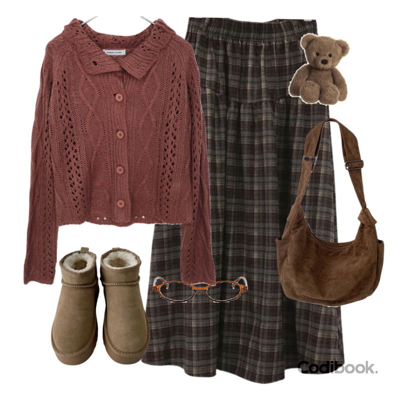 AAKE WINTER SHORT UGG (3color),wonderwonder 푸르 너드 긱시크 라운드 뿔테 안경,wonderwonder 웨이슨 하이넥 펀칭 꽈배기 긴팔 니트 가디건등을 매치한 코디