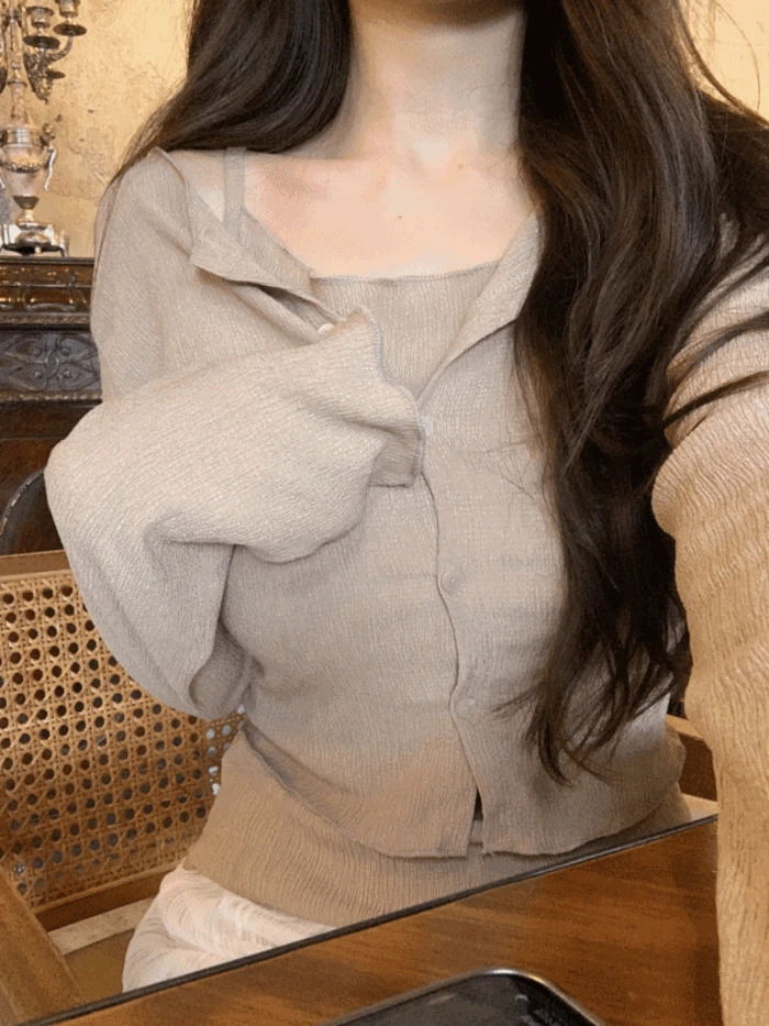 プリーツボートネックナシカーディガンセット