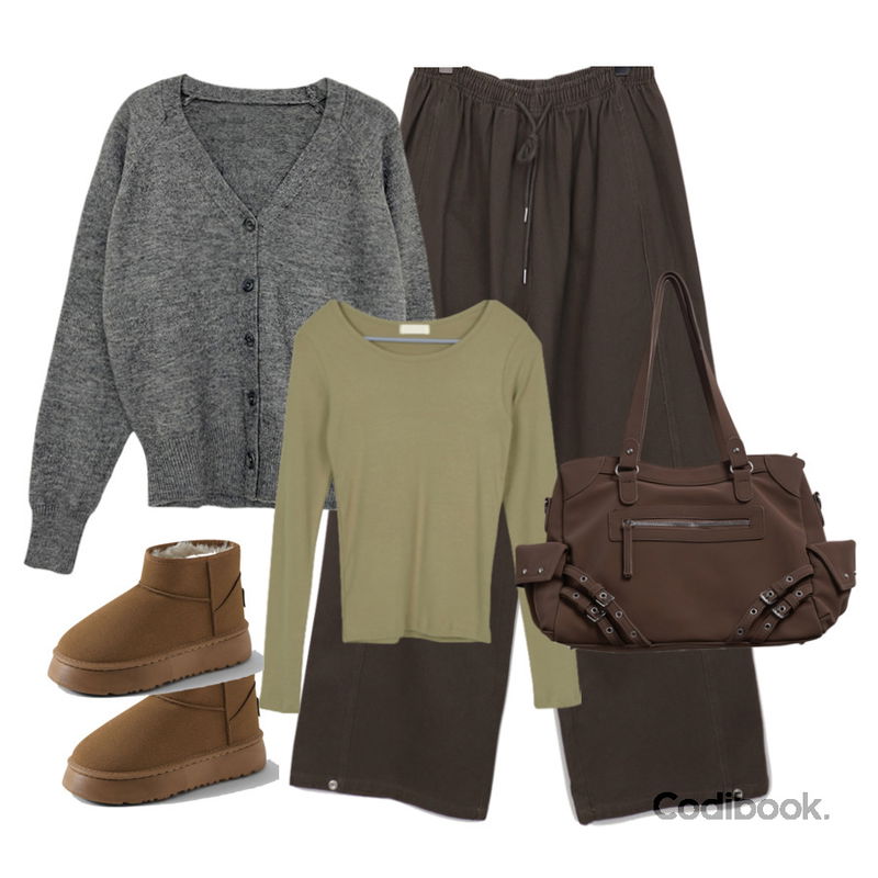 CHAAKAN 토빈 퍼안감 숏 어그부츠 더착한 WTSDR4f875,EEZEE Daily U-Neck Long Sleeve T-Shirt TS063,noirmute 디절브 아일렛 벨트 레더 빅 숄더백 EYELET BELT LEATHER BIG SHOULDER BAG등을 매치한 코디